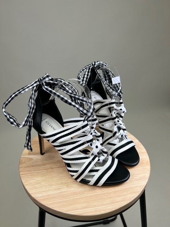 Gianni Bini Black and White Striped Gingham Polka Dots Strappy Heels Size 9 - Picture 3 of 14